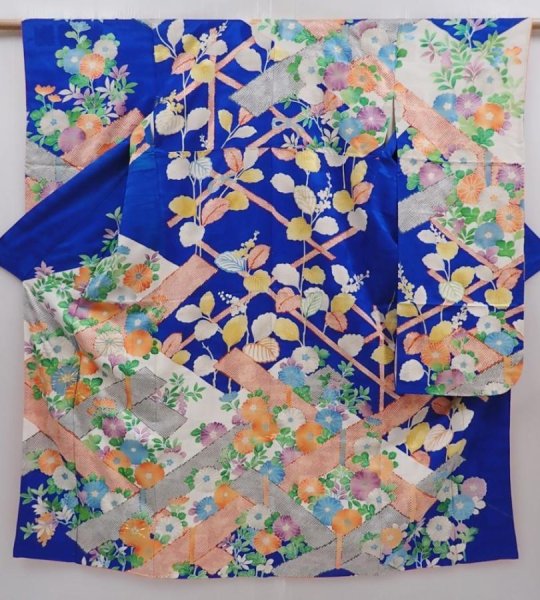 Photo1: 6313T11z1000  Japanese Kimono Silk FURISODE Chrysanthemum Oriental blue (1)