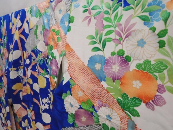 Photo2: 6313T11z1000  Japanese Kimono Silk FURISODE Chrysanthemum Oriental blue (2)