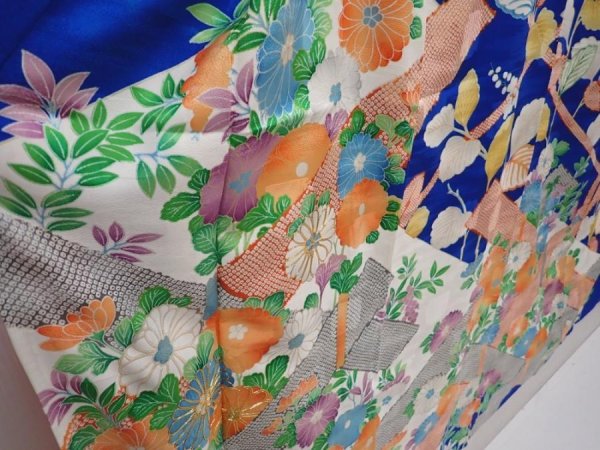 Photo3: 6313T11z1000  Japanese Kimono Silk FURISODE Chrysanthemum Oriental blue (3)