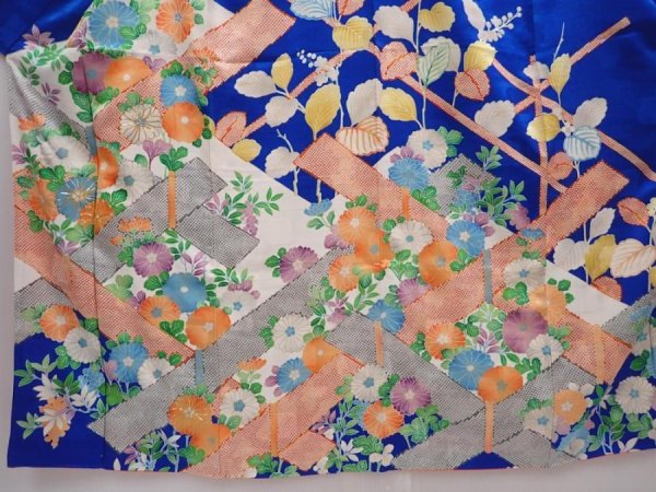 Photo5: 6313T11z1000  Japanese Kimono Silk FURISODE Chrysanthemum Oriental blue (5)