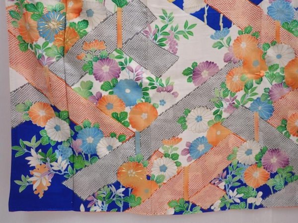 Photo6: 6313T11z1000  Japanese Kimono Silk FURISODE Chrysanthemum Oriental blue (6)