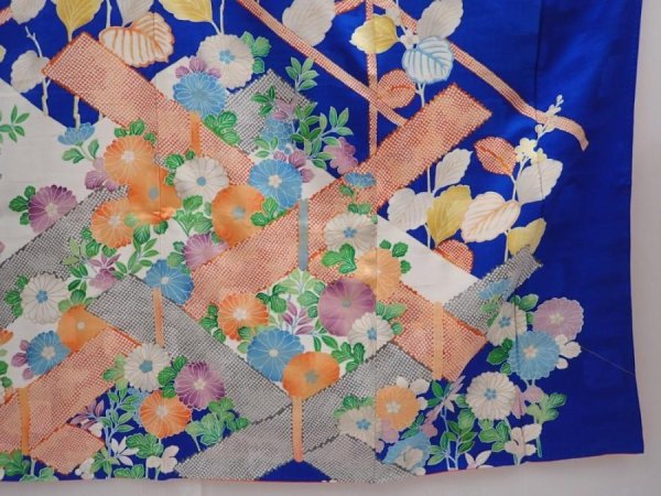 Photo7: 6313T11z1000  Japanese Kimono Silk FURISODE Chrysanthemum Oriental blue (7)
