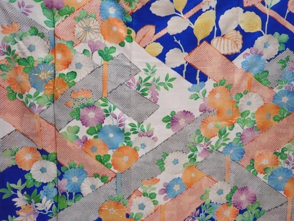 Photo8: 6313T11z1000  Japanese Kimono Silk FURISODE Chrysanthemum Oriental blue (8)