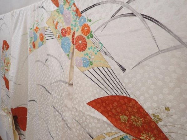 Photo2: 6313T13z1120 Vintage Japanese Kimono Silk FURISODE Folding fan Off-white (2)