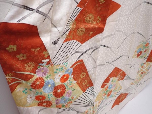 Photo3: 6313T13z1120 Vintage Japanese Kimono Silk FURISODE Folding fan Off-white (3)