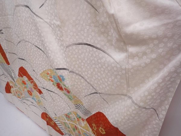 Photo4: 6313T13z1120 Vintage Japanese Kimono Silk FURISODE Folding fan Off-white (4)