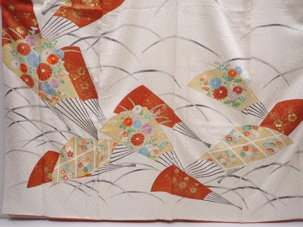 Photo5: 6313T13z1120 Vintage Japanese Kimono Silk FURISODE Folding fan Off-white (5)