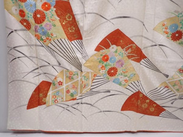 Photo6: 6313T13z1120 Vintage Japanese Kimono Silk FURISODE Folding fan Off-white (6)