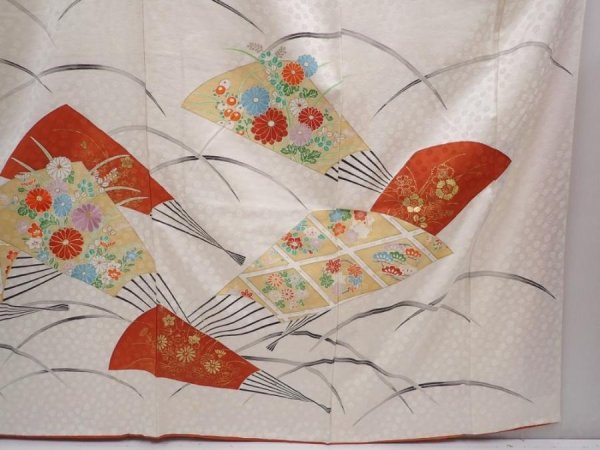 Photo7: 6313T13z1120 Vintage Japanese Kimono Silk FURISODE Folding fan Off-white (7)