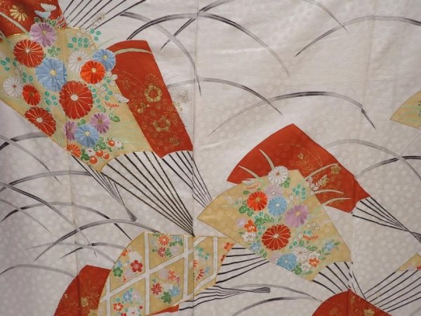 Photo8: 6313T13z1120 Vintage Japanese Kimono Silk FURISODE Folding fan Off-white (8)