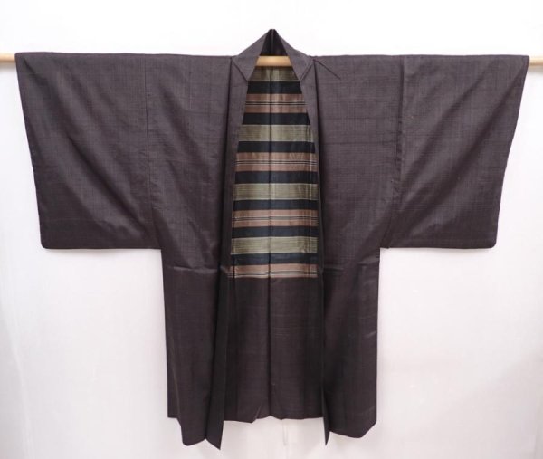 Photo1: 6317T08z410 Vintage Japanese Kimono Silk Men's HAORI  Dark brown (1)
