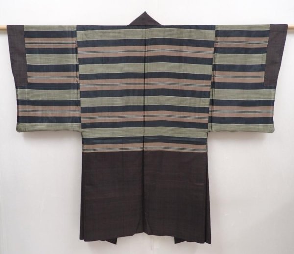 Photo2: 6317T08z410 Vintage Japanese Kimono Silk Men's HAORI  Dark brown (2)