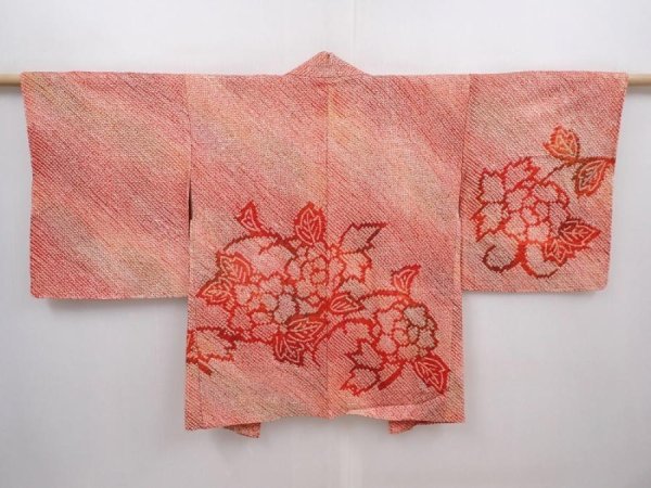 Photo1: 6317T02z410 Vintage Japanese Kimono Silk SHIBORI HAORI Peony Orange-Red (1)