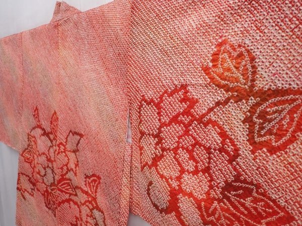 Photo2: 6317T02z410 Vintage Japanese Kimono Silk SHIBORI HAORI Peony Orange-Red (2)
