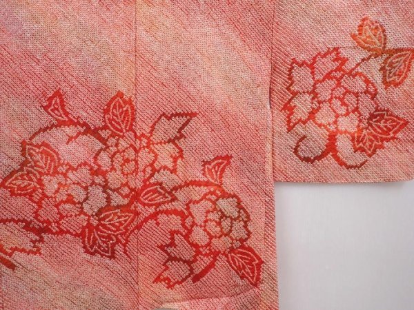 Photo3: 6317T02z410 Vintage Japanese Kimono Silk SHIBORI HAORI Peony Orange-Red (3)