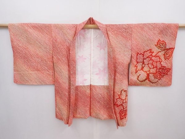 Photo5: 6317T02z410 Vintage Japanese Kimono Silk SHIBORI HAORI Peony Orange-Red (5)