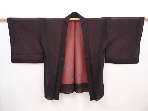 Photo5: 6317T03z240 Vintage Japanese Kimono Silk See through HAORI Maple Black (5)
