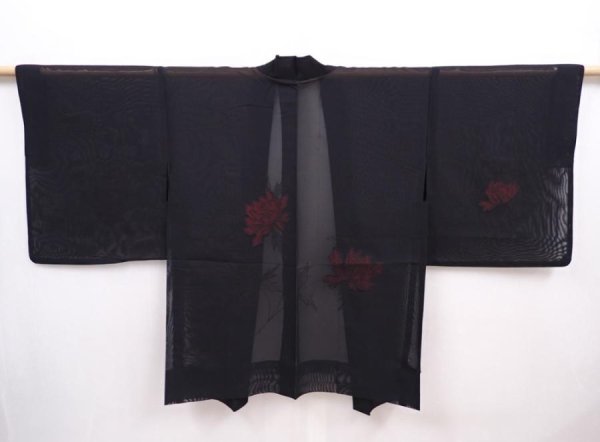 Photo1: 6317T04z220 Vintage Japanese Kimono Silk See through HAORI Peony Black (1)