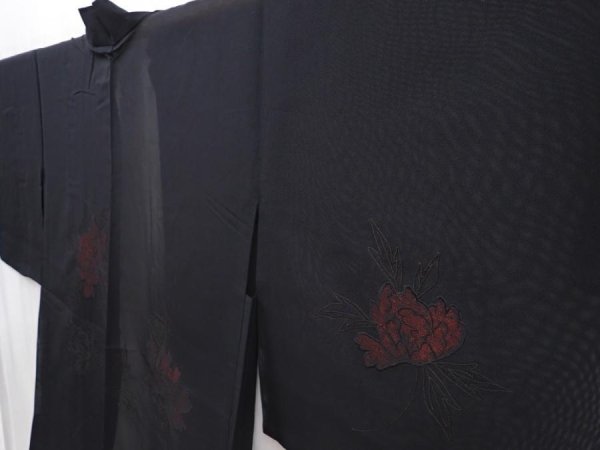 Photo2: 6317T04z220 Vintage Japanese Kimono Silk See through HAORI Peony Black (2)