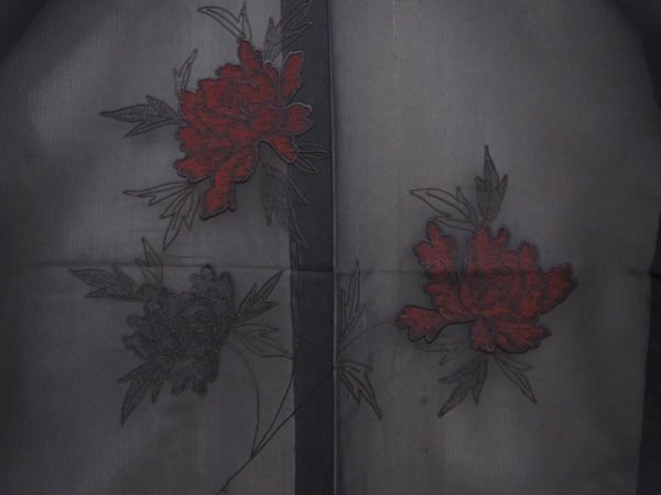 Photo3: 6317T04z220 Vintage Japanese Kimono Silk See through HAORI Peony Black (3)