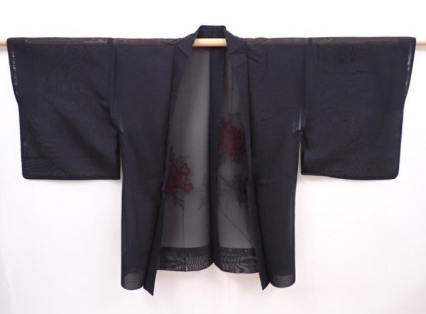 Photo5: 6317T04z220 Vintage Japanese Kimono Silk See through HAORI Peony Black (5)