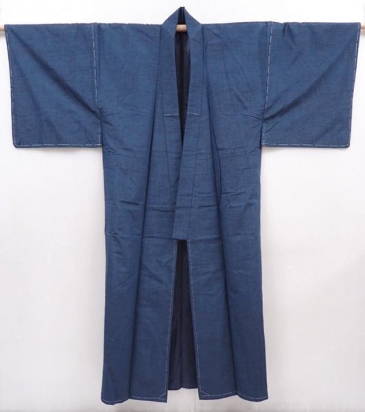 Photo2: 6317T06z970 Vintage Japanese Kimono Silk Men's  Plain Blue-Gray (2)