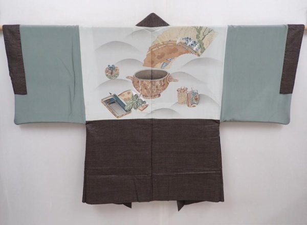 Photo1: 6317T07z500 Vintage Japanese Kimono Silk Men's OSHIMA HAORI  Brown-Gray (1)