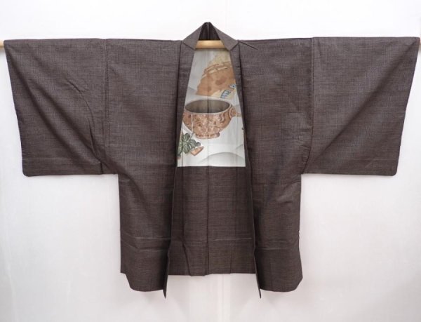 Photo4: 6317T07z500 Vintage Japanese Kimono Silk Men's OSHIMA HAORI  Brown-Gray (4)