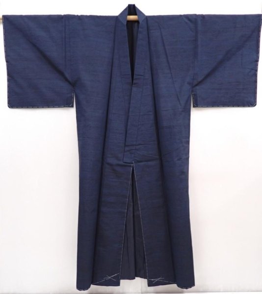 Photo6: 6317T11z910 Vintage Japanese Kimono Silk Men's  Plain Dark navy (6)