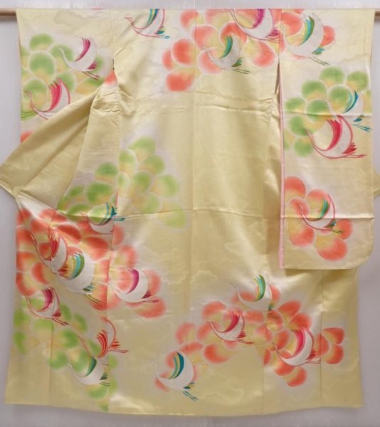Photo1: 6317T12z1080 Vintage Japanese Kimono Silk FURISODE Flying crane Lime yellow (1)