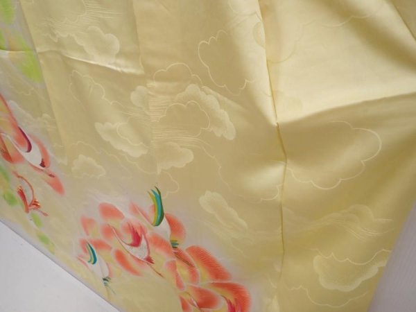 Photo4: 6317T12z1080 Vintage Japanese Kimono Silk FURISODE Flying crane Lime yellow (4)