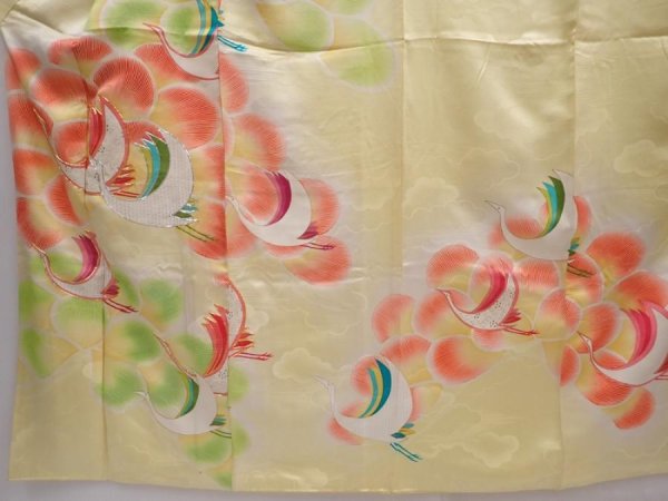 Photo5: 6317T12z1080 Vintage Japanese Kimono Silk FURISODE Flying crane Lime yellow (5)