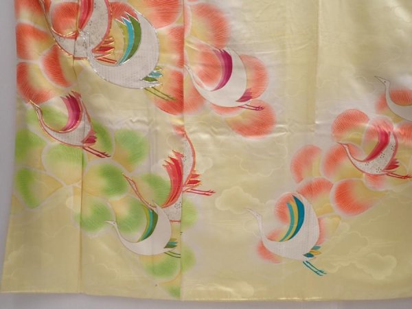 Photo6: 6317T12z1080 Vintage Japanese Kimono Silk FURISODE Flying crane Lime yellow (6)