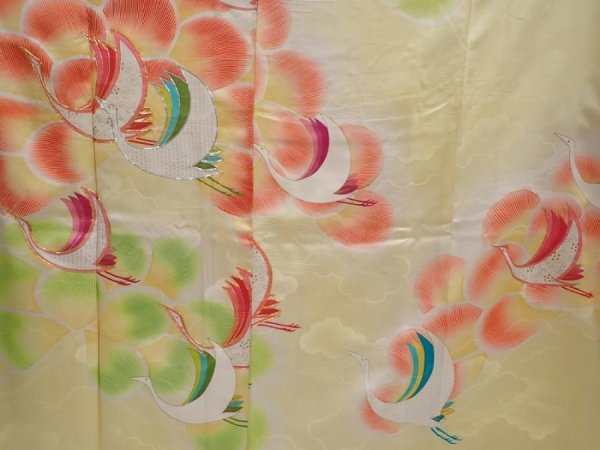 Photo8: 6317T12z1080 Vintage Japanese Kimono Silk FURISODE Flying crane Lime yellow (8)