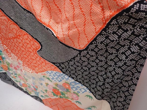 Photo4: 6317T13z1120 Vintage Japanese Kimono Silk FURISODE Peony Dark salmon (4)