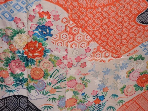 Photo8: 6317T13z1120 Vintage Japanese Kimono Silk FURISODE Peony Dark salmon (8)