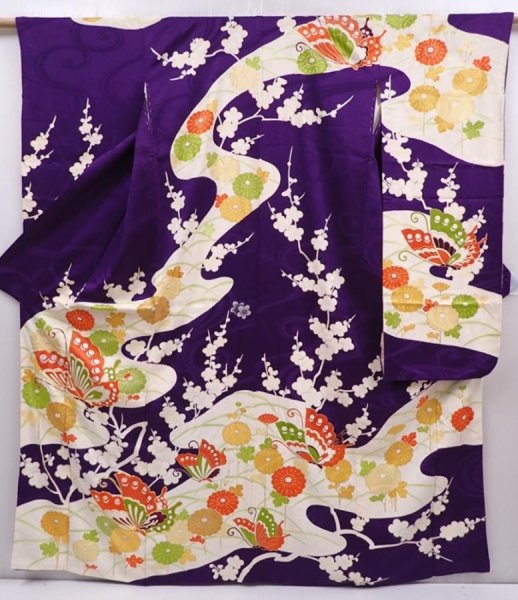 Photo1: 6317T14z1080 Vintage Japanese Kimono Silk FURISODE Butterfly Grape (1)