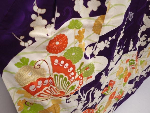 Photo3: 6317T14z1080 Vintage Japanese Kimono Silk FURISODE Butterfly Grape (3)