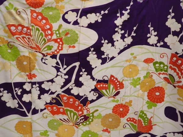 Photo8: 6317T14z1080 Vintage Japanese Kimono Silk FURISODE Butterfly Grape (8)