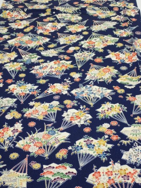 Photo1: 1E01z70  Japanese Kimono Silk  FABRIC Folding fan Dark navy 45.7x14.6 (1)