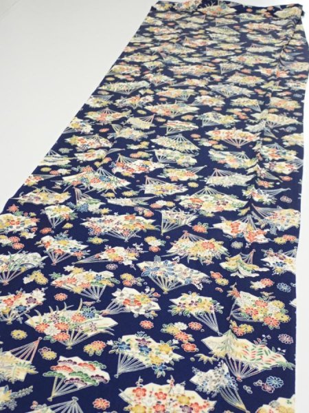 Photo3: 1E05z100  Japanese Kimono Silk  FABRIC Folding fan Dark navy 66.5x14.8 (3)
