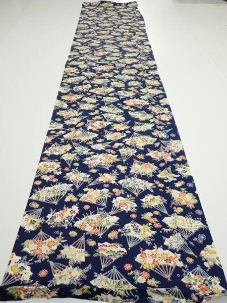 Photo5: 1E05z100  Japanese Kimono Silk  FABRIC Folding fan Dark navy 66.5x14.8 (5)