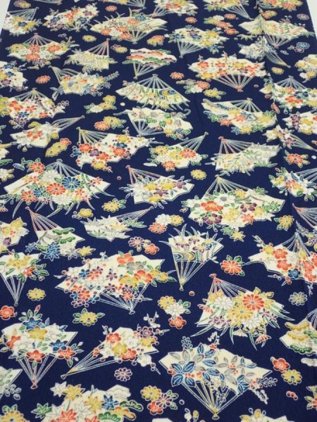 Photo1: 1E06z100  Japanese Kimono Silk  FABRIC Folding fan Dark navy 65.7x14.6 (1)