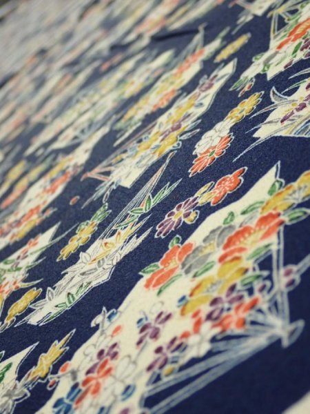 Photo4: 1E06z100  Japanese Kimono Silk  FABRIC Folding fan Dark navy 65.7x14.6 (4)