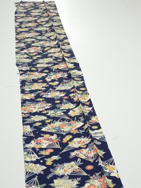 Photo2: 1E07z50  Japanese Kimono Silk  FABRIC Folding fan Dark navy 59.1x7.7 (2)