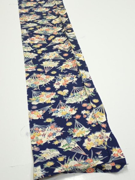 Photo3: 1E07z50  Japanese Kimono Silk  FABRIC Folding fan Dark navy 59.1x7.7 (3)