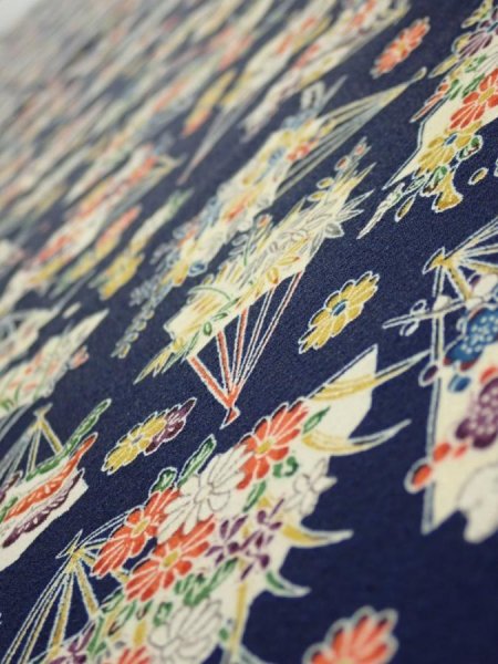 Photo4: 1E08z50  Japanese Kimono Silk  FABRIC Folding fan Dark navy 59.1x7.5 (4)