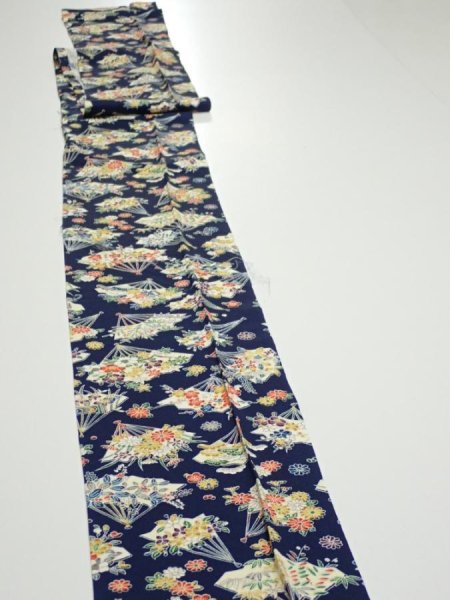 Photo2: 1E09z60  Japanese Kimono Silk  FABRIC Folding fan Dark navy 82.7x6.9 (2)