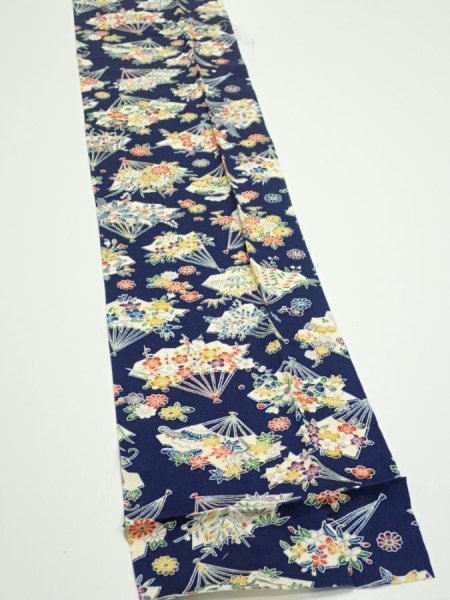 Photo3: 1E09z60  Japanese Kimono Silk  FABRIC Folding fan Dark navy 82.7x6.9 (3)
