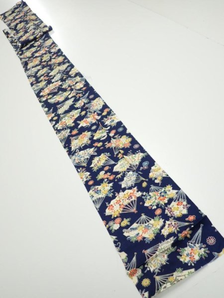 Photo5: 1E09z60  Japanese Kimono Silk  FABRIC Folding fan Dark navy 82.7x6.9 (5)